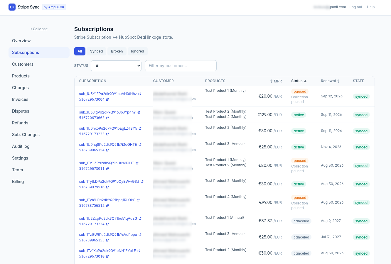 Stripe Sync dashboard showing comprehensive sync engine with all Stripe data imported and real-time updates