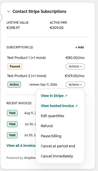 Stripe Sync sidebar card with subscription actions — pause, cancel, edit quantities and refund from inside HubSpot