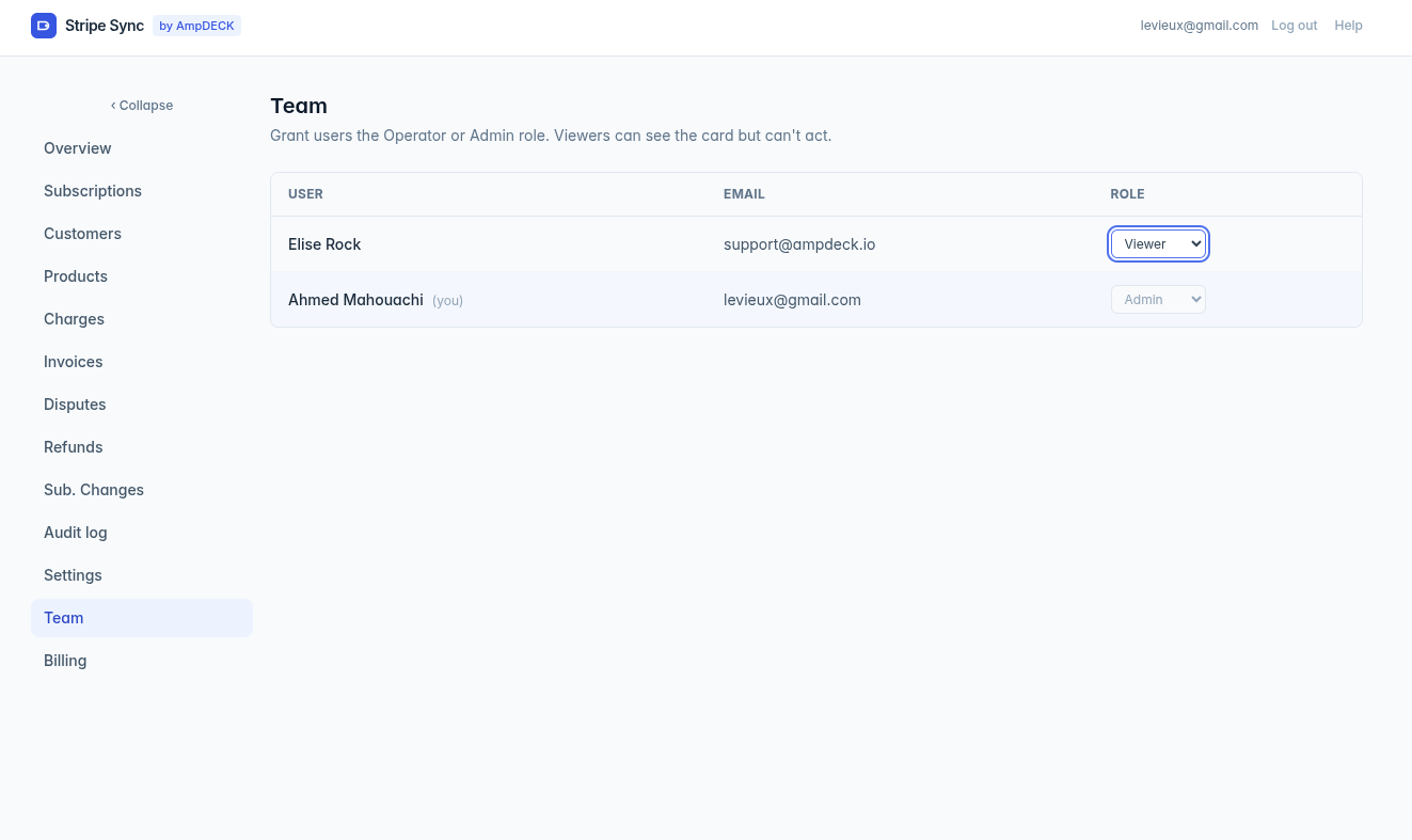 Stripe Sync Team management — per-user roles (admin, operator, viewer) assignable from the dashboard